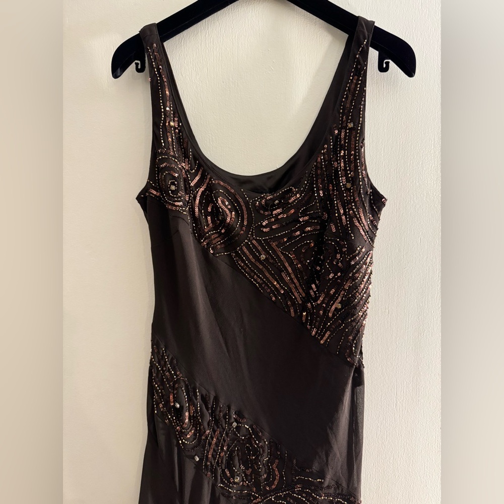 90s Eva Blue Cocktail Maxi Dress Brown Embellished Sequin Fairy Party Dress 10 - Picture 2 of 6